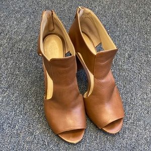 Michael Kors brown leather cut out peep toe booties, with gold details